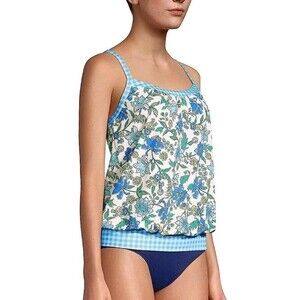 Lands' End Blouson Tankini Swim Top Sz 14 Blue Floral Paisley Gingham Pool Beach